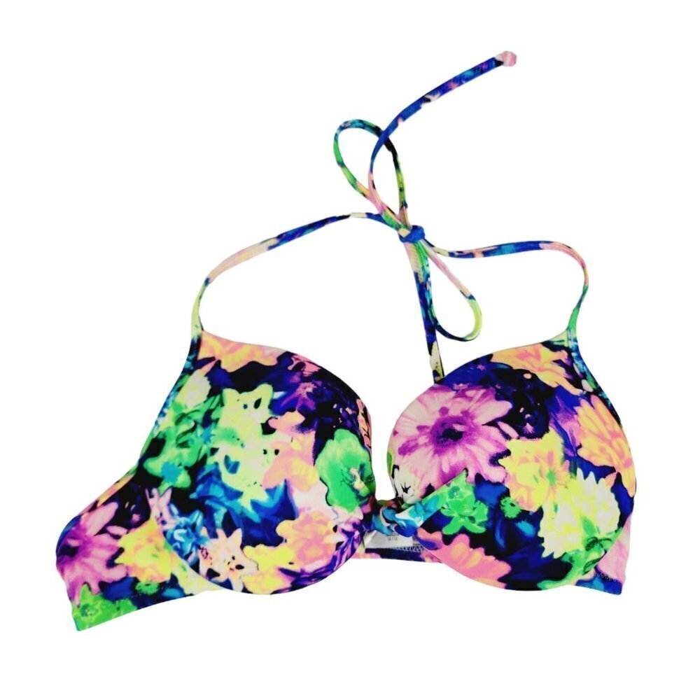 Victoria Secret Neon Floral Padded Halter Top Halter Bikini‎ Swim Top Medium